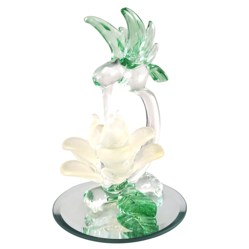 Vintage Hand-Blown Art Glass Hummingbird Figure w/ Flower on Mirror Small Floral